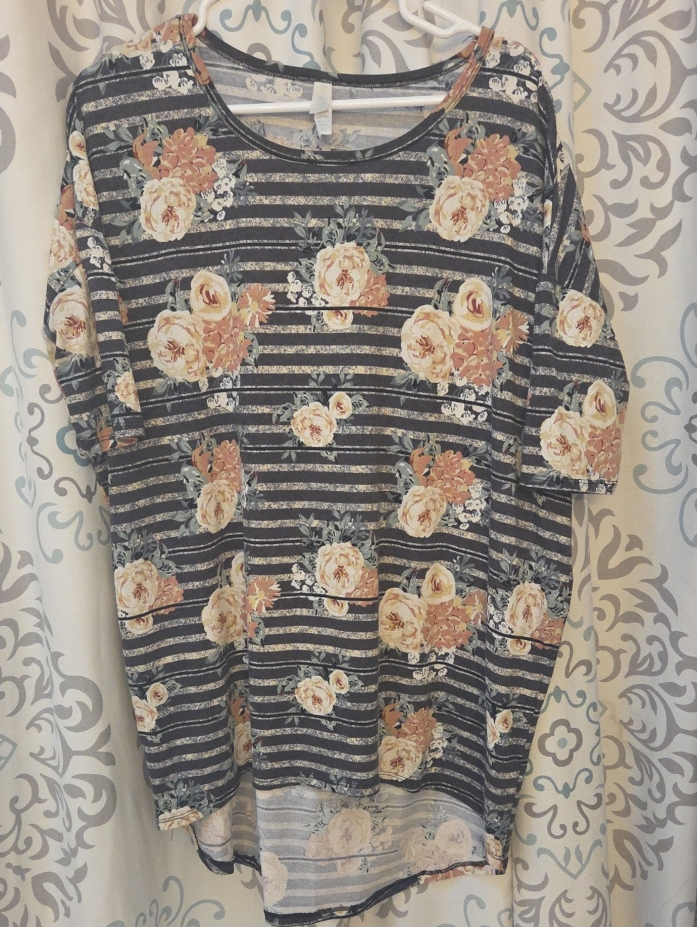 LuLaRoe Black Striped Tee with Cream & Peach Floral Print